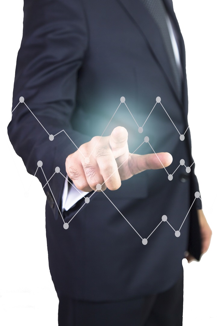 Man in black suit touching graph points on screen.